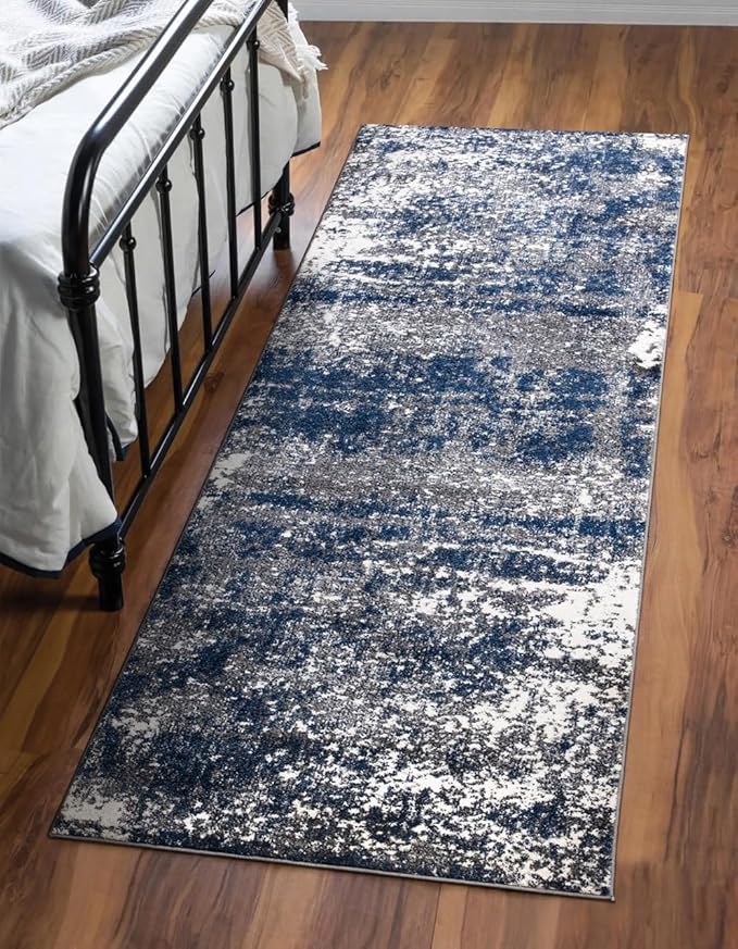 Keen Home Design Runner Rugs - 32"x91" Non-Shedding, Thick Pile Abstract Rugs for Kitchen, Living Room, Bedroom, Dining Room, Entryway - Size: 2'8" x 7'7", Abstract Navy/Gray