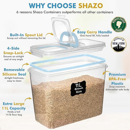 Shazo 2 PC (11L | 372 oz) Flour Sugar Storage Containers with Spout Lid & Easy Carry Handle - BPA Free Extra Large Airtight Food Storage Containers with Lids - Rice Canisters Sets for Kitchen & Pantry