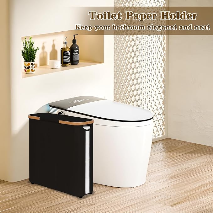 Toilet Paper Storage Basket with Lid - The Ultimate Bathroom Organizer, Free Standing Toilet Paper Holder for Up to 12 Mega Rolls, Toilet Tissue Storage Bin with Handle for RV Closet, Black