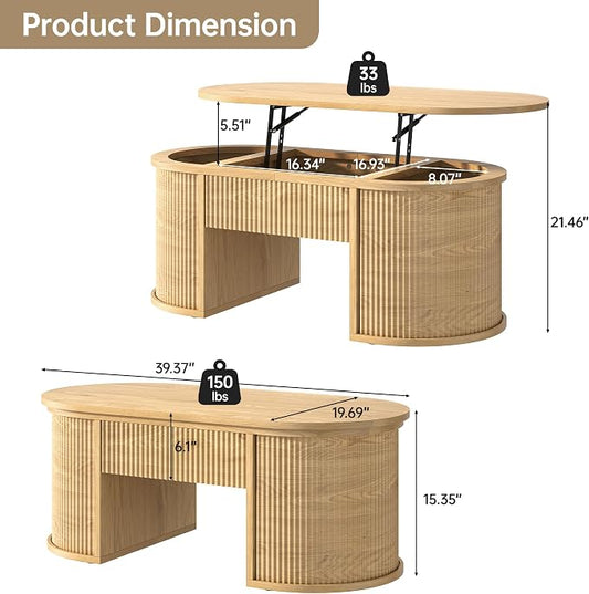 Fluted Lift Top Coffee Table with Storage, Oval Living Room Center Table with Hidden Compartment, Modern Mid-Century Wood Coffee Table for Small Spaces, Home Office, Natural