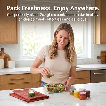 EONJOE 2 oz Glass Jars with Lids Dressing Containers Sauce Cups Mini Condiment Dip Jars To Go Lunch Accessories,12-Pack