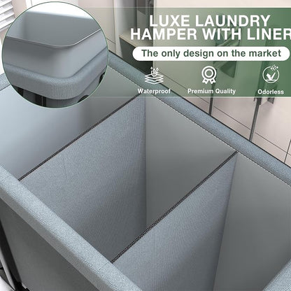 60 Gal (230L) High Grade Large Laundry Basket with Wheels, Rolling Laundry Hamper, Laundry Cart with Metal Frame and Removable Bag Design, Suitable for Laundry Room, Bedroom (Grey, 3 Section 230L)