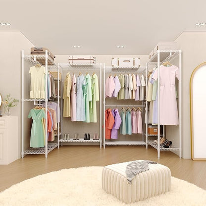 1630 LBS Heavy Duty Clothes Rack with Adjustable Shelves, 5 Tiers L-Shaped Freestanding Closet Organizer and Storage for Hanging Clothes, 85.4" W x 17.4" D x 70.5" H