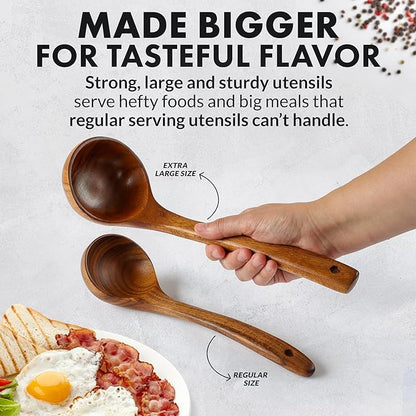 Zulay Kitchen Extra-Large 5-Piece Wooden Spoon Set - Smooth Teak Cooking Utensils - Comfort-Grip Non-Stick Turner, Spatula, Skimmer, Fork, Serving Spoon