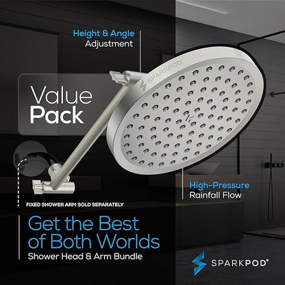 SparkPod Round Rain Shower Head with Shower Head Extension Arm - High Pressure Rain - Luxury Modern Look - No Hassle Tool-less 1-Min Installation (11" Shower Arm Extension, Elegant Brushed Nickel)