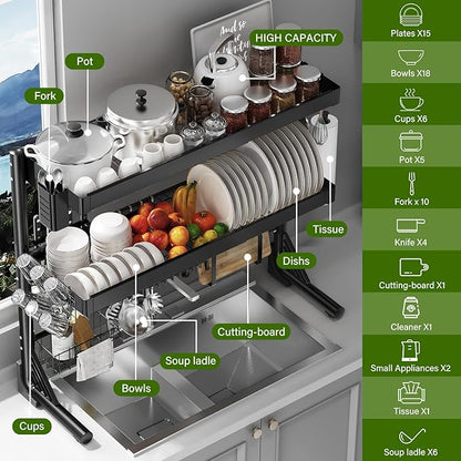 Over Sink Dish Drying Rack, 3-Tier Full Stainless Steel Drainer Dish Rack Adjustable 20.9''-37.4'', Expandable Multifunctional Kitchen Organizer