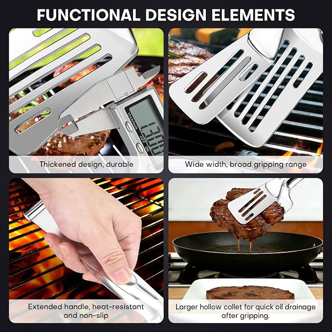 2-in-1 Spatula Tongs, 11.8 Inch 304 Stainless Steel Kitchen Tongs for 12 Inch Cooking Use, Detachable Metal Tongs with Oil Drain Holes for Grilling Frying Steak