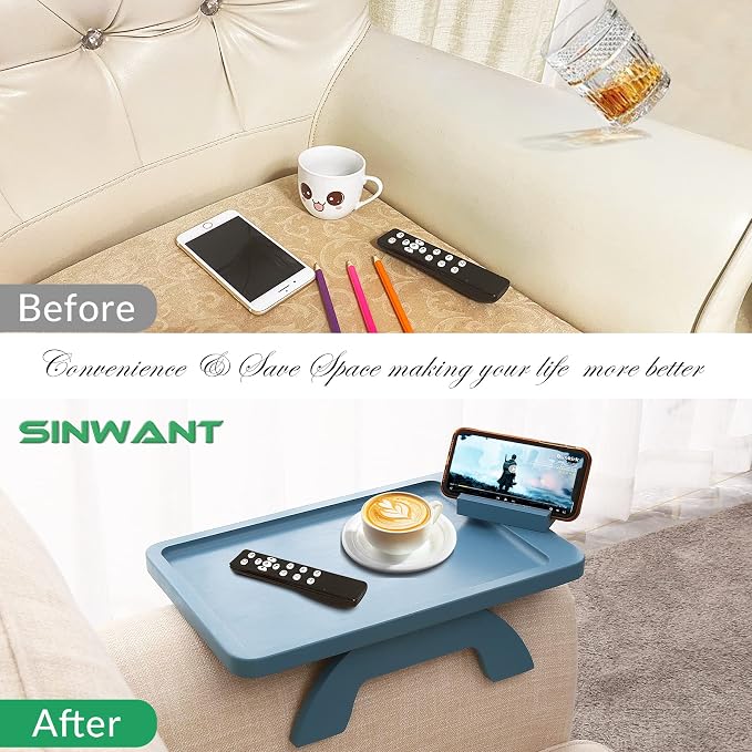 SINWANT Couch Arm Tray, Bamboo Sofa Clip on Tray Tables with 360° Phone Holder,Folding Anti Slip Couch Armrest Table for Snacks,Drinks,Remotes 15.35"x9.85"