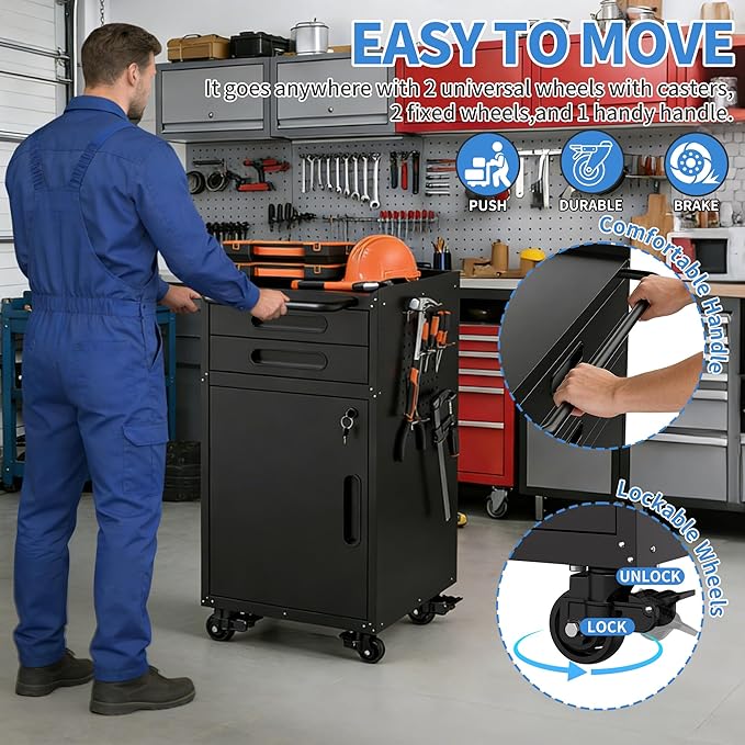 Small Garage Storage Cabinet with Wheels, Metal Rolling Tool Cabinet with 2 Drawers and 1 Door, Heavy Duty Tool Cabinet with Workbench, Assembly Required, Black