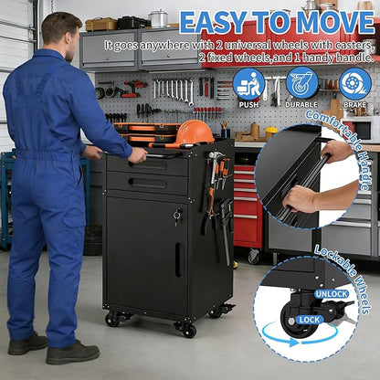 Small Garage Storage Cabinet with Wheels, Metal Rolling Tool Cabinet with 2 Drawers and 1 Door, Heavy Duty Tool Cabinet with Workbench, Assembly Required, Black