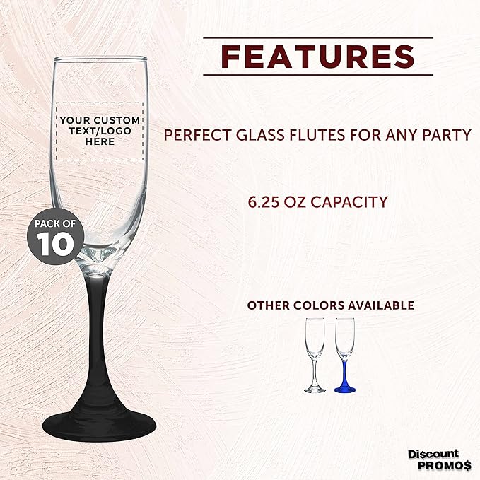 DISCOUNT PROMOS Custom Premiere Champagne Flutes 6.25 oz. Set of 10, Personalized Bulk Pack - Elegant Drinkware for Weddings, Events, & Promotional Gifts - Black