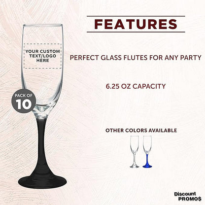 DISCOUNT PROMOS Custom Premiere Champagne Flutes 6.25 oz. Set of 10, Personalized Bulk Pack - Elegant Drinkware for Weddings, Events, & Promotional Gifts - Black