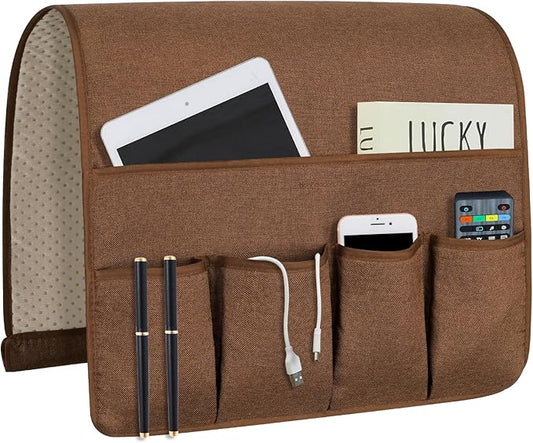NB Sofa Armrest Organize Remote Holder Bedside Caddy Organizer With 5 Pockets, Non-Slip Couch Remote Control Holder Couch Armchair Caddy Accessories (Brown, 35''x18'')