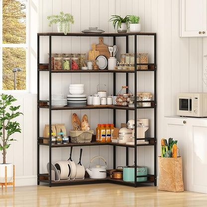 Giantex 5-Tier Corner Bookshelf, 71" L-Shaped Bookcase, Tall Etagere Bookshelf with Metal Frame, Industrial Open Display Shelf, Vertical Storage Rack for Living Room, Study, Office (Rustic Brown)