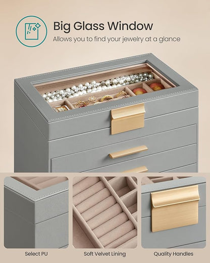 SONGMICS Jewelry Box Organizer with Glass Lid, 6-Layer Jewelry Storage, with 5 Drawers, Modern Style, 6.4 x 9.9 x 11.4 Inches, Dove Gray and Gold Color UJBC171G01