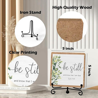 Inspirational Christian Desk Decor, Be Still And Know That I Am God Rutsic Sign, Desk Decorations For Office Home Living Room Bathroom, Eucalyptus Shelf Decor, Wooden Plaque With Stand (03)
