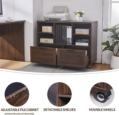 40" Farmhouse File Cabinet,Lateral File Cabinet with Wheels,Wood File Cabinet with shelve,Filing Cabinet with 2 Drawers for Legal/Letter/ A4 Size (Walnut)