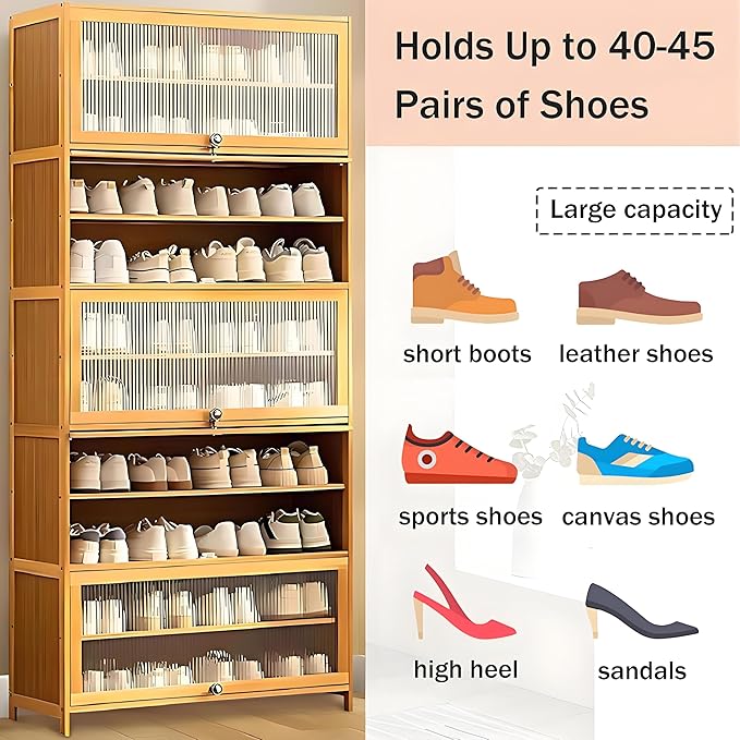 Tall Shoe Cabinet, 10 Tier Bamboo Shoe Rack with Doors, 40-45 Pairs Large Capacity Shoe Storage Cabinet Organizer, Narrow Shoe Shelf for Entryway, Hallway, Living Room