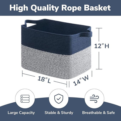 Goodpick Woven Baskets for Organizing, 18" x 14" x 12" Large Storage Basket for Living Room Bedroom, Decorative Toy Baskets Storage Kids Rectangle Blanket Basket with Handles, Dark Blue