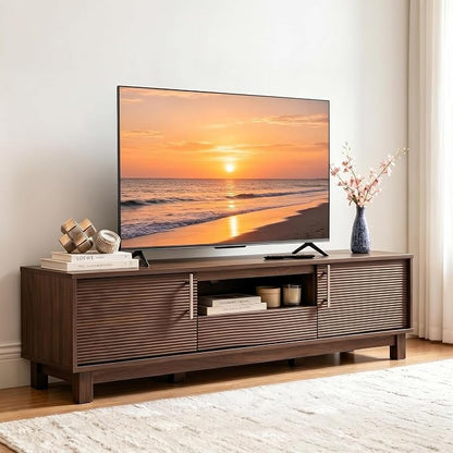 Amada 58" TV Stand for TVs up to 65 Inch, Fluted Entertainment Center with Storage Cabinets and Drawer, Mid Century Modern TV Console for Living Room & Bedroom, Walnut