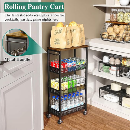 OKZEST Utility Slim Storage Cart, 4-Tier Narrow Bathroom Organizer and Storage Cart, Metal Narrow Kitchen Laundry Room Organization Rack with Wood Top, Slim Rolling Shelf with Wheels for Small Space