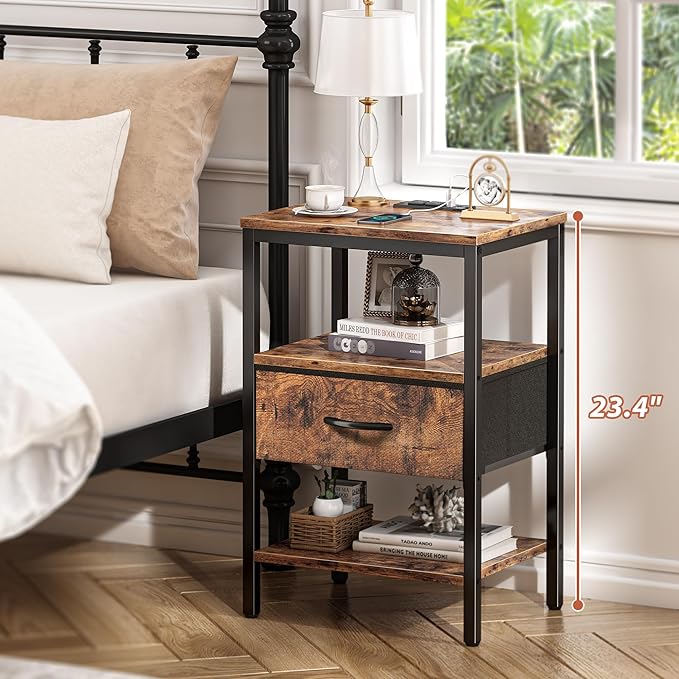 SUPERJARE Nightstand Set of 2, Bed Side Tables with Charging Station, Adjustable Fabric Drawer, Night Stand for Bedroom, 3-Tier Storage End Tables, for Living Room, Rustic Brown