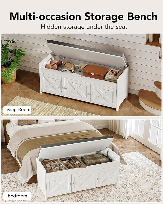 Pipishell 2-Tier Shoe Storage Bench with Cushioned Seat, Entryway Bench with Adjustable Shelf & Barn Doors, 300 lbs Capacity, 43.4" W x 16" D x 18" H, for Entryway, Bedroom, Living Room, White