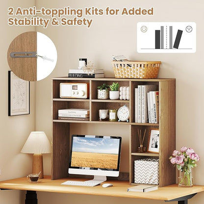 Desk Hutch, Desktop Shelf with 7 Shelves, Desk Bookshelf w/Anti-Toppling Devices, Wood Table Top Bookshelf Organizer, Small Desk Shelf for Study, Office, Dorm (Natural, 7 Shelves)