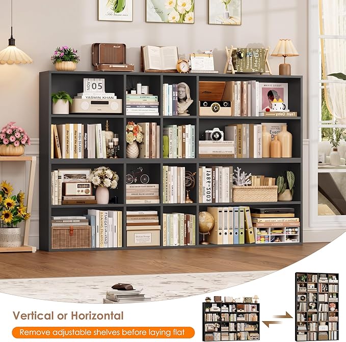 FOTOSOK 71'' Tall Bookshelf with 14 Cubes, 7 Tier Double Wide Black Bookshelf with 6 Adjustable Shelves, 19.6" Narrow Bookcase DVD/CD Media Storage, Space Saving Display Shelf Cabinet, Black