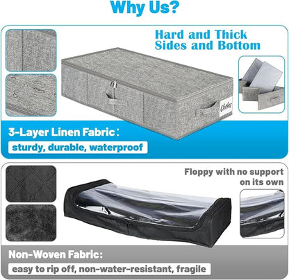 Under Bed Storage Container Bins 4 Pack, 5 Inch Thin Low Profile Underbed Clothes Storage Organizer for Dorm & Home, Use for Blanket and Toy Storage Box W/ Sturdy Bottom/Sides, Foldable Thick Fabric