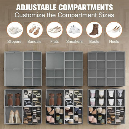 2 Pack Shoe Organizer for Closet,Foldable Shoe Storage Organizer with Adjustable Dividers, Shoe Storage Box with Clear Cover, Fits up to 16 Pairs, Gray