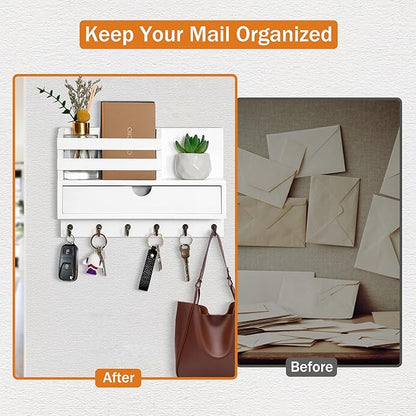 Key and Mail Holder for Wall, Mail Organizer Wall Mount with 6 Hooks and Storage Drawer, Wooden Key Rack Hanger with Shelf for Entryway and Home Decor