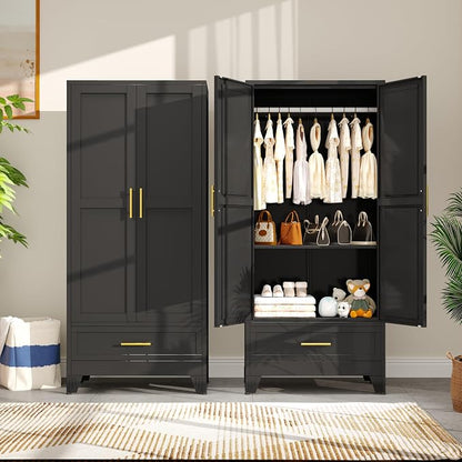 Metal Armoire Wardrobe Closet with Drawers,Storage Cabinet with Hanging Rod,71'' Metal Wardrobe Cabinet with 2 Doors and Adjustable Shelves for Bedroom, Laundry Room, Cloak Room