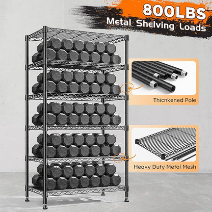 REIBII 6-Tier Metal Shelving Unit Storage Shelves, Sturdy Wire Shelving Adjustable Deep Pantry Shelves Load 800LBS Dorm Storage Shelves for Kitchen Pantry Closet,13.8" D x 21.5" W x 70.5" H