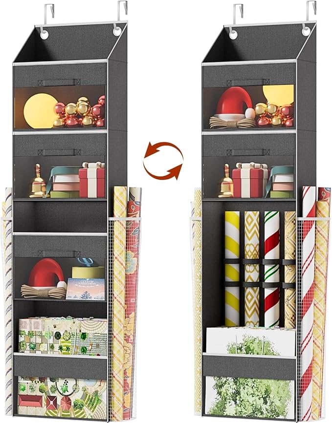 Over Door Wrapping Paper Organizer Storage with 3 Removable Drawers & Side Pockets – Dual Use Design with Elastic Straps – Christmas Gift Wrap Storage for Ribbons, Bows, Ornament and Other Tools 1Pack