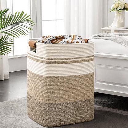 Laundry Hamper, 95L Tall Laundry Basket with Leather Handles, Rectangle Large Clothes Hamper for Organizing, Cotton Woven Laundry Baskets Storage Hampers for Bedroom, Nursery, Living Room