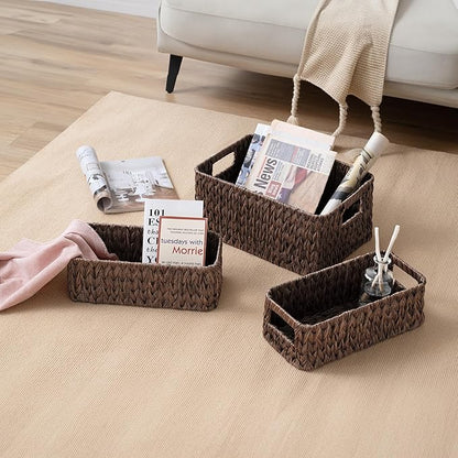 GRANNY SAYS Storage Baskets for Shelves, Waterproof Basket Set for Organizing, Toilet Wicker Basket Tank Topper, Wicker Baskets with Handles, Dark Brown, 3-Pack