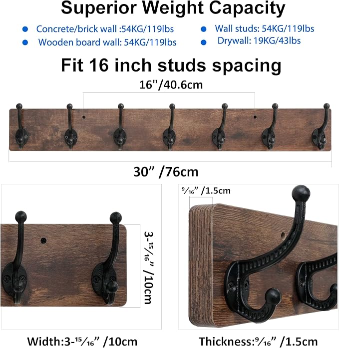 WEBI Rustic Coat Rack Wall Mount,30" Long 7 Cast Iron Coat Hooks Wall Mounted,Heavy Duty Wood Wall Coat Hanger Hooks for Hanging Coats,Jacket,Clothes,Backpack,Farmhouse,Rustic Brown