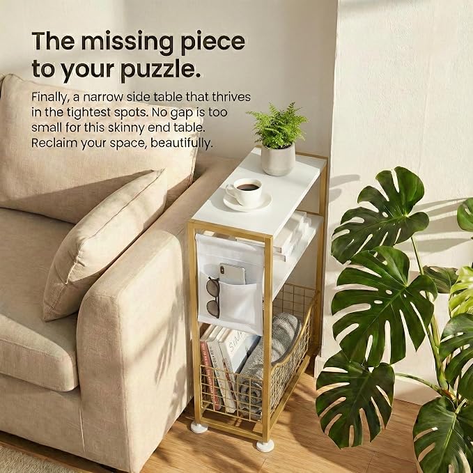 Skinny Side Table with Storage, 3 Tier Slim Side Tables for Small Spaces, Skinny End Table Narrow Bedside Table Narrow Side Table for Living Room, Bedroom