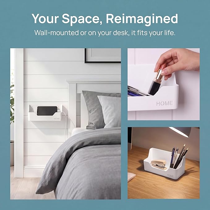 Bedside Shelf,Small Plastic Wall Mounted Adhesive Storage Caddy Shelf Organizer Accessory for Cell Phone,Reading Glasses,Remote Control,Earphone | Great for Home,Office,Dorm (Box Type)