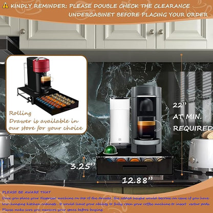 Vertuo Pod Holder Drawer with Deluxe Black Tempered Glass Top, Compatible for Nespresso VertuoLine Pods, Holds up to 75 Small or 50 Big Vertuo Pods Compact Design (Piano Black Nespresso Pods Holder)