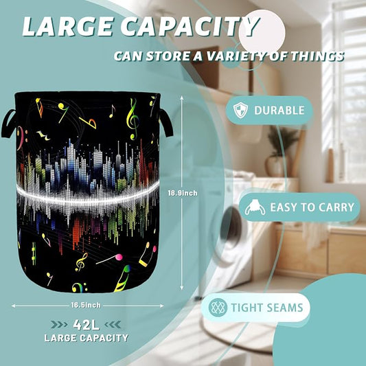 Colorful Music Notes Laundry Basket Music Laundry Hamper Foldable Oxford Cloth Funny Tote Bag Clothes Toy Storage Bucket For Bathroom/Laundry Storage/Bedroom 18.9 x 16.5 Inch