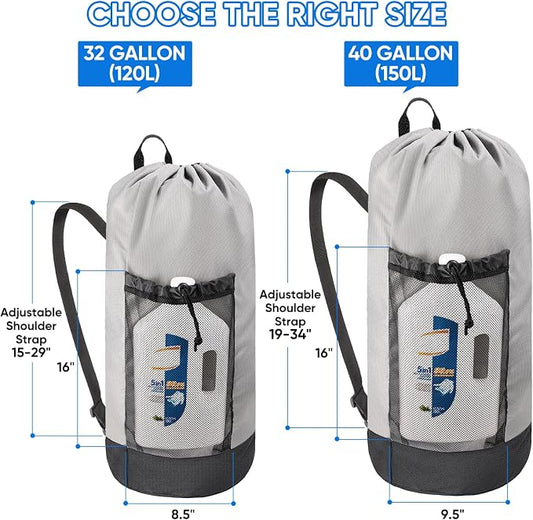 BALEINE 120L Laundry Bag Backpack, 900D Oxford Fabric Large Travel Laundry Bags with Shoulder Straps and 2 Mesh Pockets for College Dorm, Apartment, Laundromat (Gray, 120L)