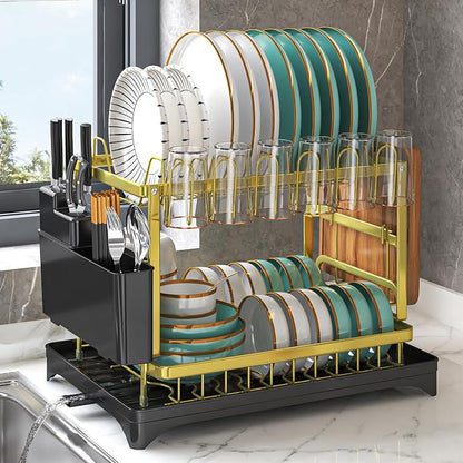 Dish Drying Rack Gold, Multifunctional Dish Racks for Kitchen Counter with Drainboard 2 Tier Dish Drainer Large Capacity for Knifes/Cup/Cutting Board