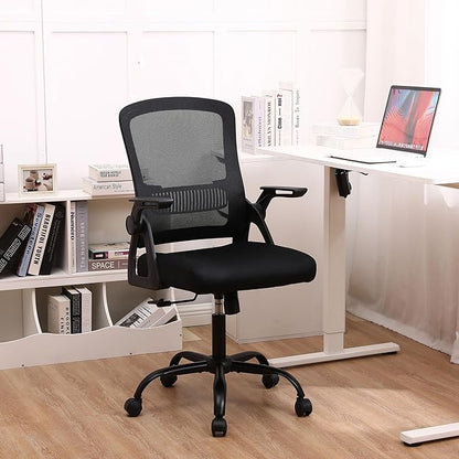 Ergonomic Desk Chair with Lumbar Support, Breathable Mesh with Flip-up Armrests and Mid Back, Comfortable Task Computer Height Adjustable Swivel Chair (10, Black)