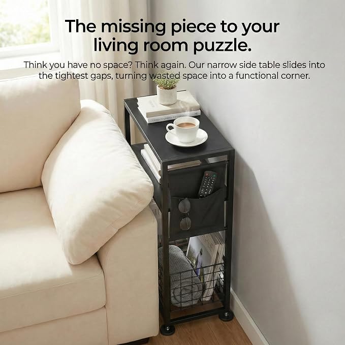 Skinny Side Table with Storage, 3 Tier Slim Side Tables for Small Spaces, Skinny End Table Narrow Bedside Table Narrow Side Table for Living Room, Bedroom