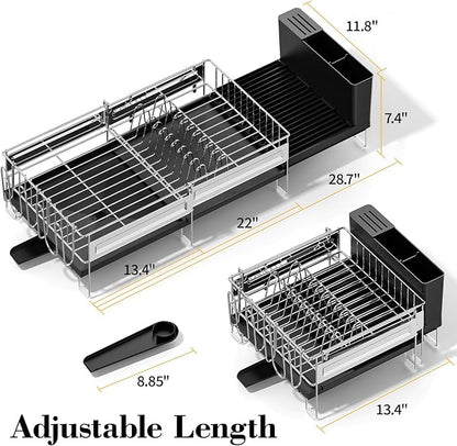 Delamu Large Dish Drying Rack, Stainless Steel Dish Racks for Kitchen Counter, Multifunctional Dish Drainer with Cutlery & Cup Holders, Extendable from 13.4 to 28.7 in, Black