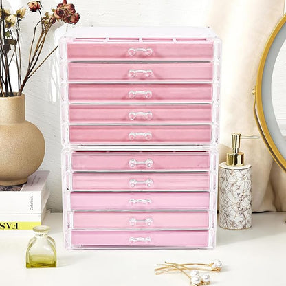 ProCase Earring Holder Organizer Jewelry Box with 10 Drawers, Acrylic Clear Earring Case with Adjustable Velvet Trays for Women - Pink, 10 Layers