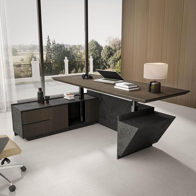 Adjustable Height L-Shaped Executive Desk with LED Light Strip - Black Inverted Trapezoid Design, Includes Storage Cabinet with Drawers & Doors, Ergonomic Standing Office Desk for Home & Office 78.7"