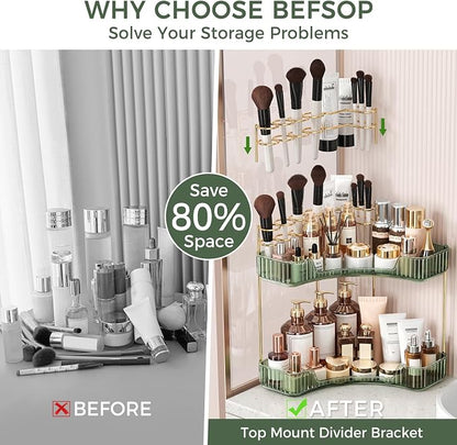 BEFSOP Corner Bathroom Counter Organizer, Upgraded 2-Tier Makeup Organizer Countertop with Makeup Brush Holder, Skincare Exquisite Vanity Organizers Countertop Bathroom Storage Dresser(Green)